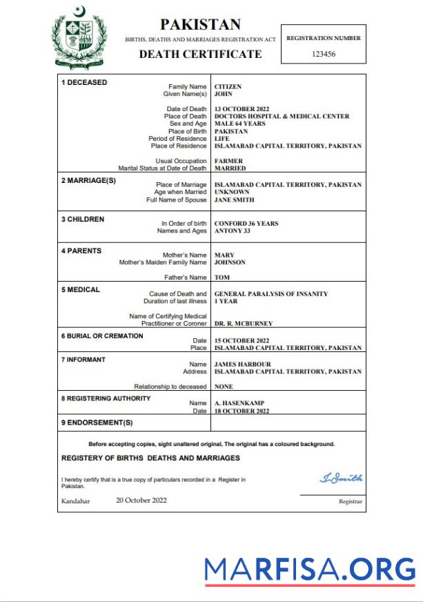 Blank Pakistan death certificate Word and PDF template